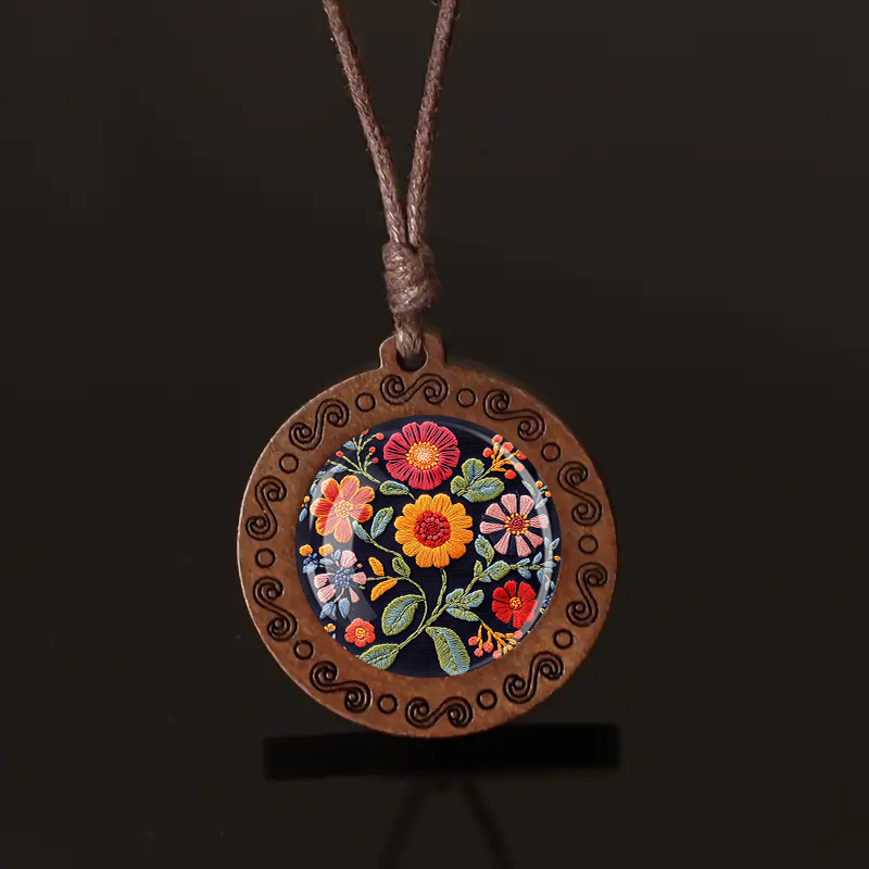 Wooden Pendant Necklace with Black Floral Embroidery Design